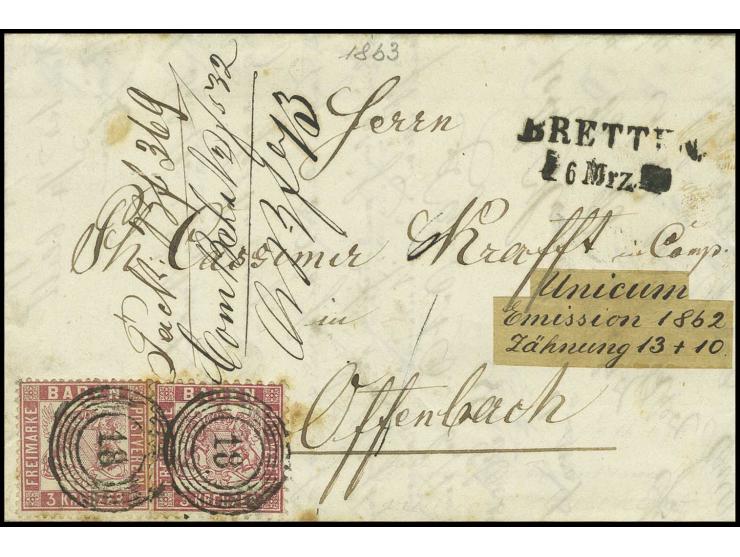 3 Kr. rosakarmin mit 1862/66, weit gezähnt 3 Kr. rosa mit Nr. "18" auf Faltbrief von "BRETTEN/6 Mrz." (1863) nach Offenbach; 