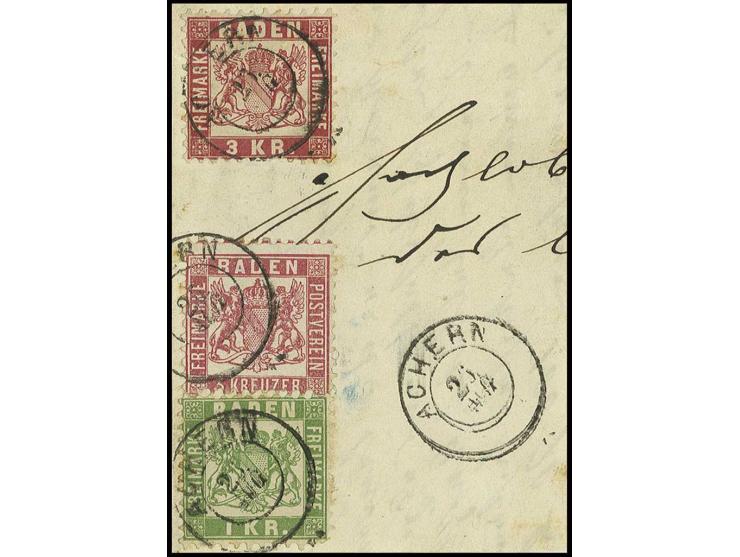3 Kr. hellrot mit 1868, 3 Kr. rosarot und 1 Kr. grün (letztere gering eckrund) mit DKr. "ACHERN 26 AUG." auf großem Briefstüc