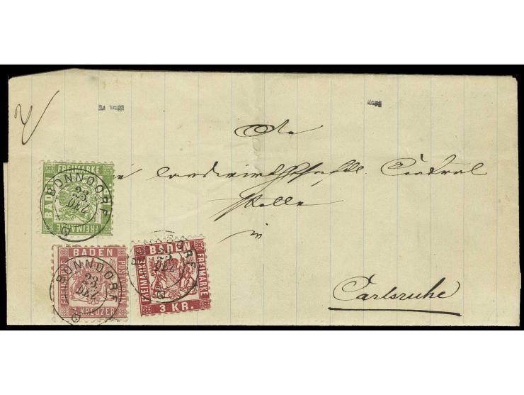 3 Kr. hellrot mit 1868, 3 Kr. rosarot und 1 Kr. grün mit jeweils sauber aufgesetztem DKr. "BONNDORF 23. DEZ" auf nicht ganz k