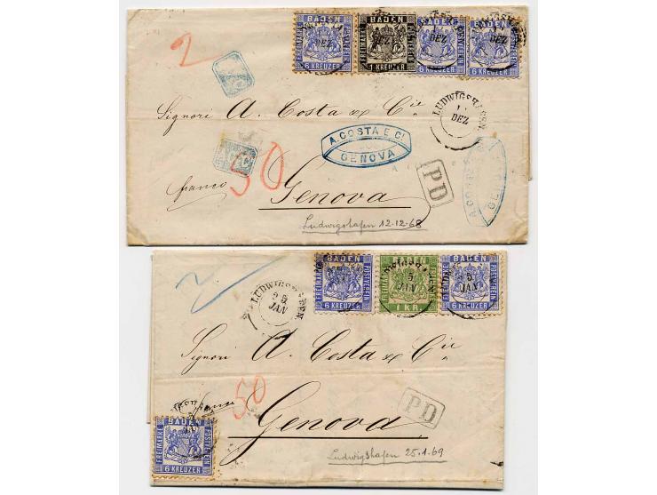 6 Kr. ultramarin, 3 Einzelwerte mit 1868, 1 Kr. grün auf Brief von "LUDWIGSHAFEN 25 JAN" (1869) über die Schweiz nach Genua m