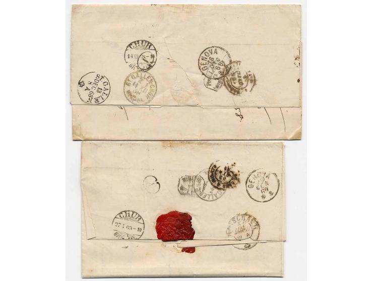 6 Kr. ultramarin, 3 Einzelwerte mit 1868, 1 Kr. grün auf Brief von "LUDWIGSHAFEN 25 JAN" (1869) über die Schweiz nach Genua m