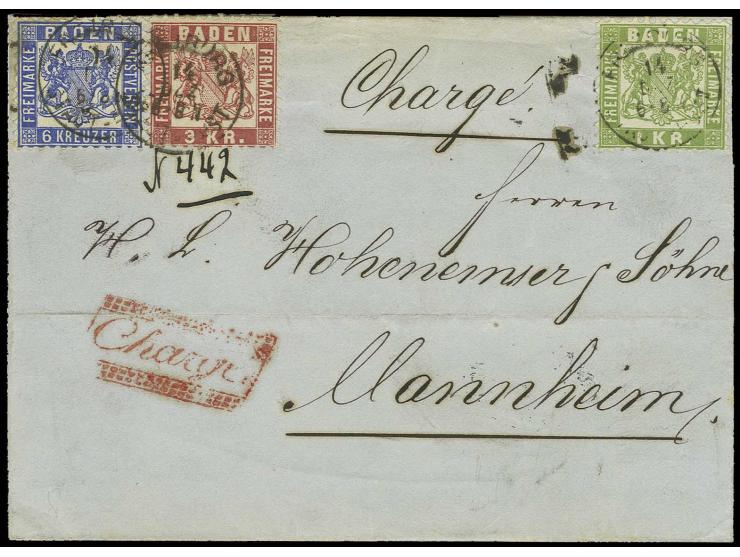 6 Kr. ultramarin mit 1868, 1 Kr. grün und 3 Kr. rosarot auf Chargé-Brief von "FREIBURG 14 DEZ" (1870) nach Mannheim