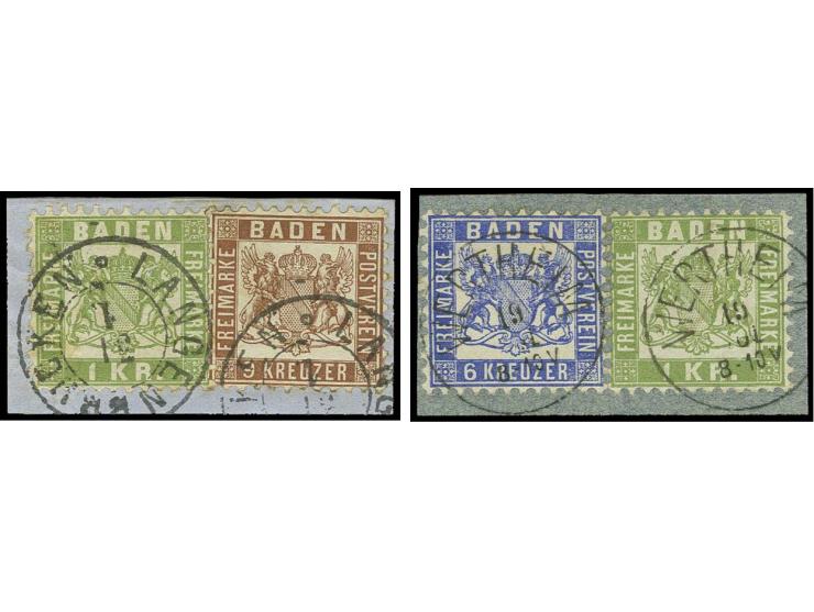 6 Kr. ultramarin und 9 Kr. braun, je in Mischfrankatur mit 1868, 1 Kr. grün, sauber gestempelt auf kleinen Briefstücken, Prac