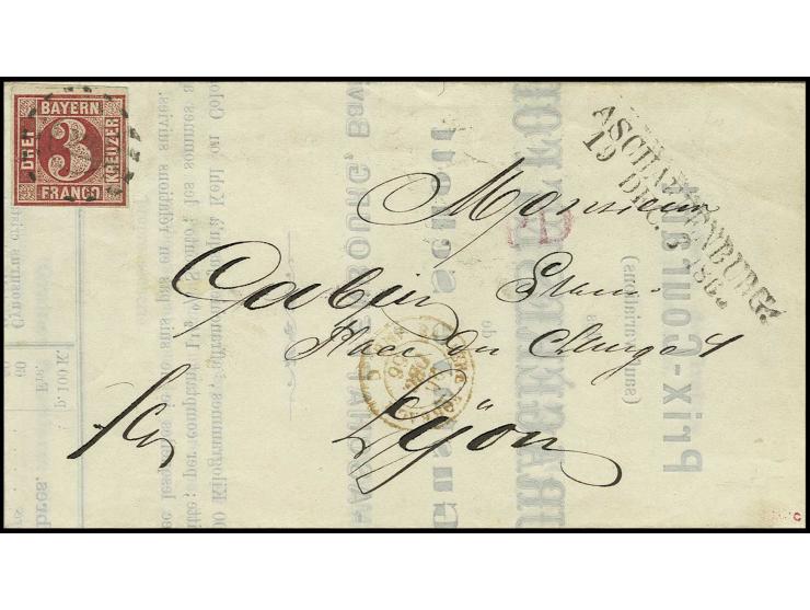 1862, 3 Kr. karmin, noch voll- bis überrandig mit oMR "22" und nebengesetztem L2 "ASCHAFFENBURG/19 DEC. 1866" auf Drucksachen