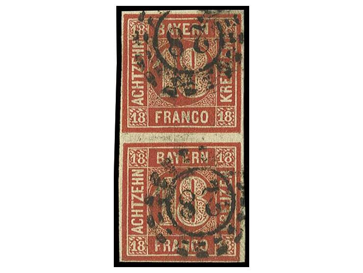 18 Kr. zinnoberrot im voll- bis breitrandigen senkrechten Paar, farbfrisch mit jeweils oMR "28", Pracht, sign. Pröschold (Mi.