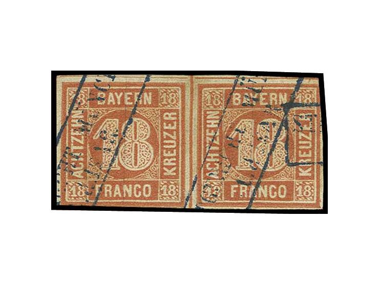 18 Kr. blaßrot im teils geringfügig berührten waagerechten Paar mit blauem Gerichts-Ra2 "MÜNCHEN" (ex Sammlung Gubito)