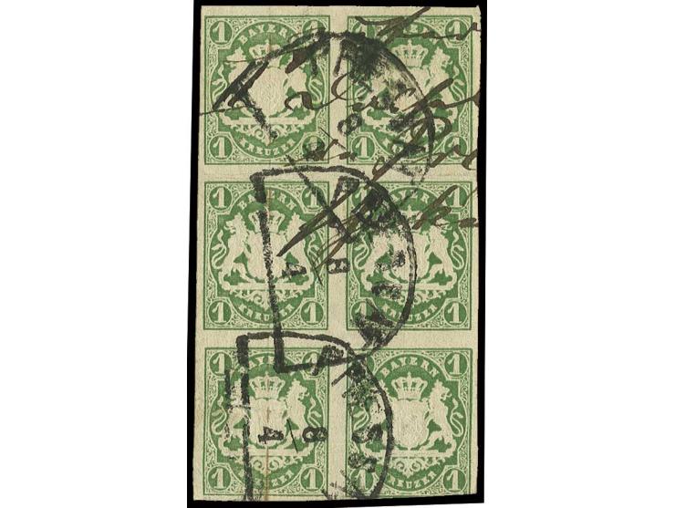 1867, Wappen geschnitten: 1 Kr. dunkelgrün im senkrechten 6er-Block mit teils handschriftlicher Entwertung sowie Halbkreisste