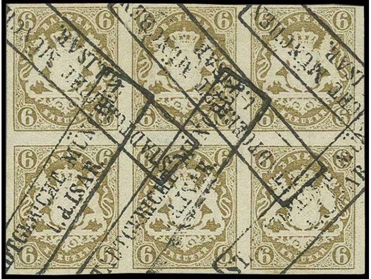 1868, 6 Kr. braun im waagerechten 6er-Block, farbfrisch und allseits breitrandig, sehr schön kreuzweise gestempelt durch Ra2 