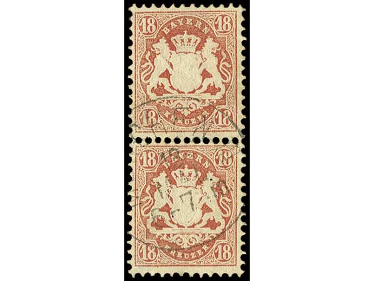 18 Kr. dunkelziegelrot im farbfrischen senkrechten Paar, zart gestempelt, Kabinett, sign. Kruschel und doppelt Schmitt BPP (M