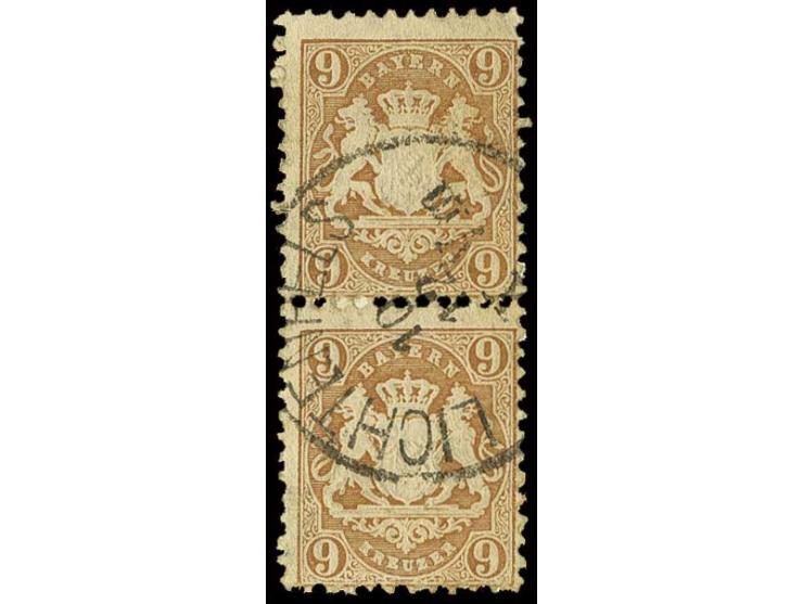 9 Kr. braun im senkrechten Paar mit gemeinsamem EKr. "LICHTENFELS", Unterrandmarke rückseitig kleine Schürfstelle, sonst tade