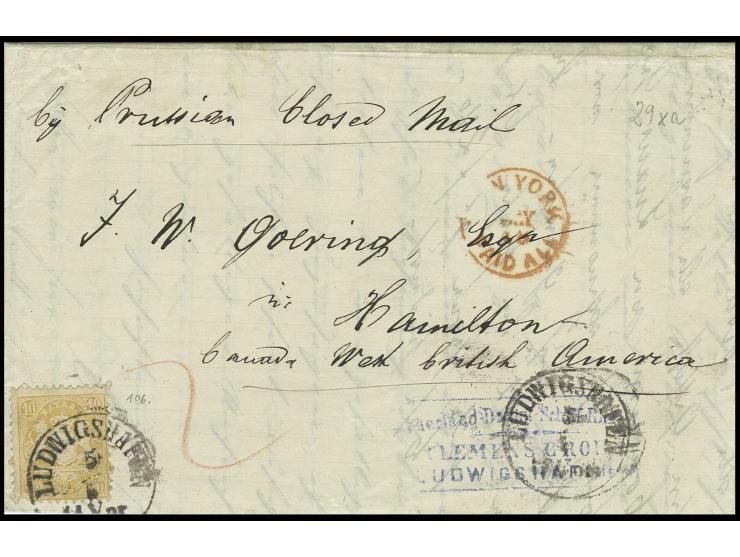 10 Kr. mattgelb, unten ein Zahn fehlend, sonst einwandfrei mit EKr. "LUDWIGSHAFEN 5/5" (1874) auf Faltbrief 'by Prussian Clos