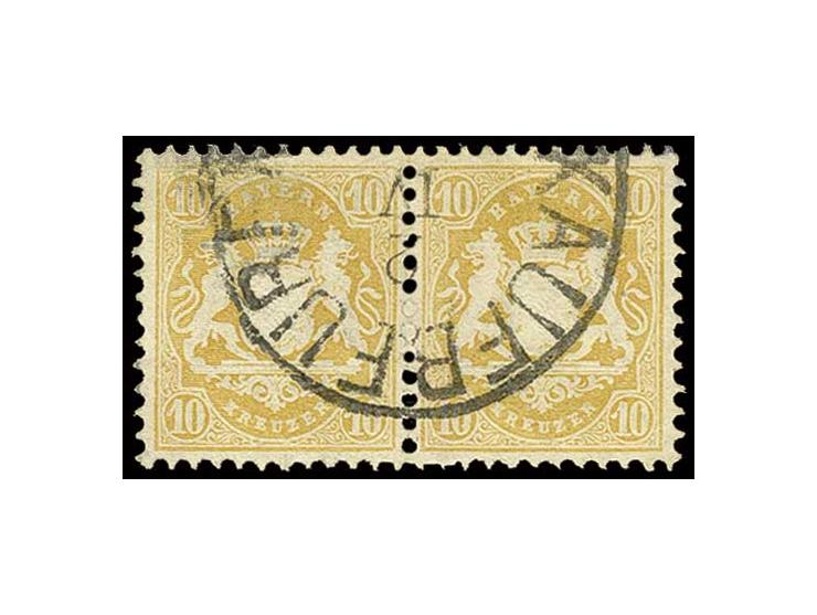 10 Kr. dunkelgelb im farbfrischen waagerechten Paar mit Halbkreisstempel "KAUFBEUREN", Pracht, doppelt sign. H. Krause (Mi. 1