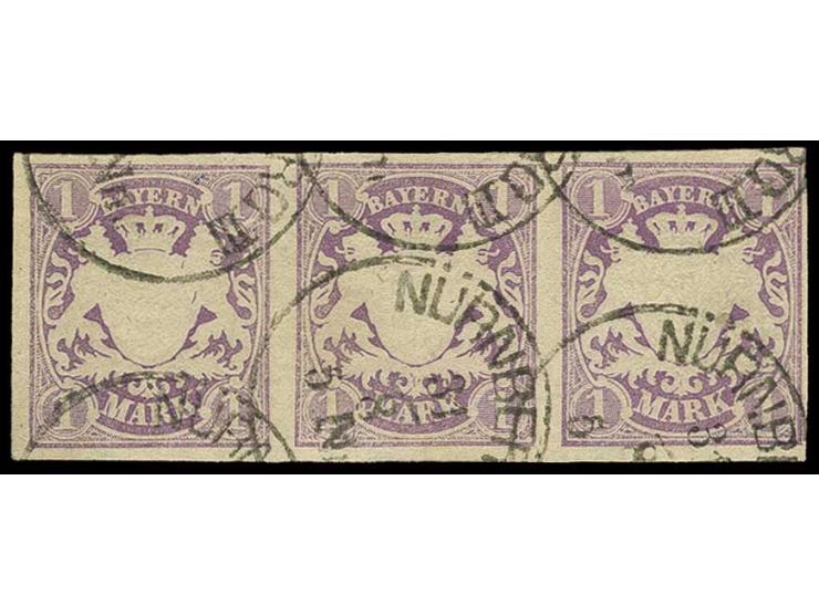 1874, 1 M. geschnitten: 1 M. violett im voll- bis meist breitrandigen waagerechten 3er-Streifen, farbfrisch mit EKr. "NÜRNBER
