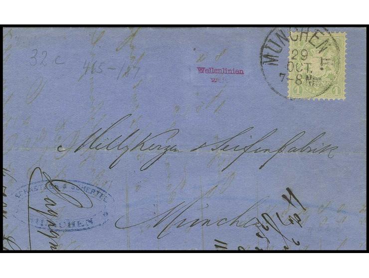 1875, Wz. Wellenlinien: 1 Kr. mattgrün mit EKr. "MÜNCHEN 29 OCT." (1875) auf Orts-Faltbrief, Pracht, sign. Brettl BPP (Mi. 35