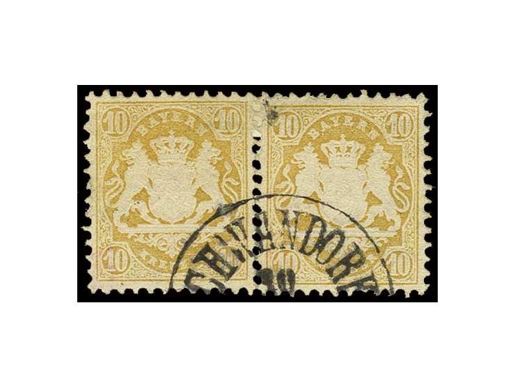 10 Kr. dunkelchromgelb im farbfrischen waagerechten Paar mit Stempel "SCHWANDORF", Pracht, sign. W. Engel und Grobe (Mi. 1.50