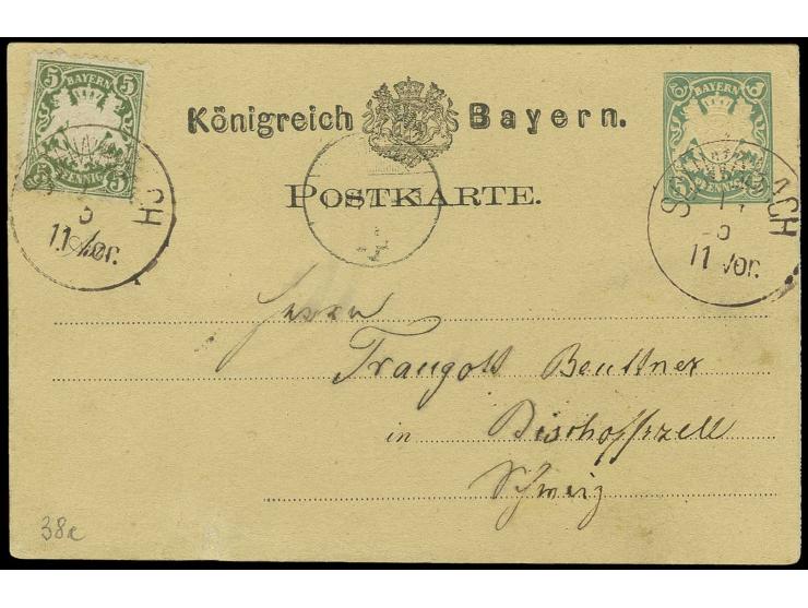 1876, 5 Pfg.grauolivgrün als Zusatz auf Ganzsache 5 Pfg jeweils mit EKr. "SCHWABACH  14 5", sign. Bretll BPP, Pracht (ex Samm