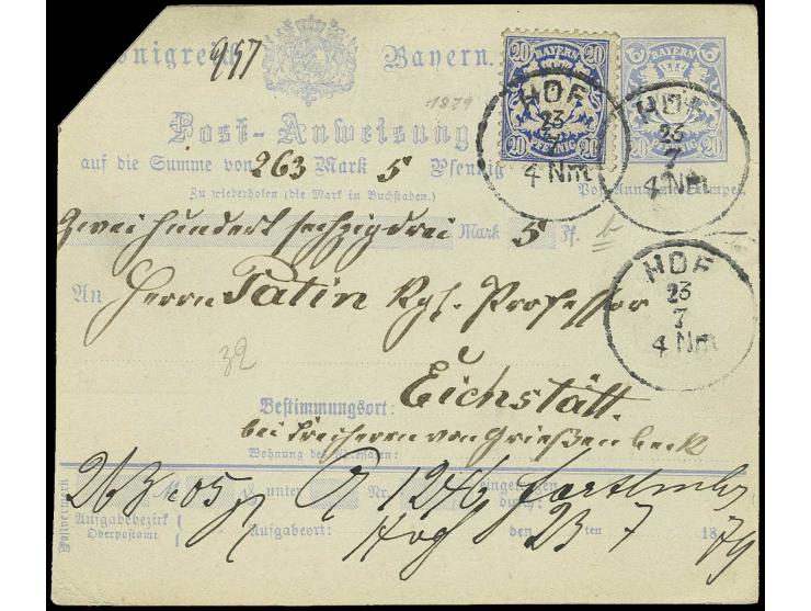 20 Pfg. preußischblau als Zusatz auf Postanweisung 20 Pfg. hellblau mit jeweils EKr. "HOF 23/7" (1879) nach Eichstätt, Kabine