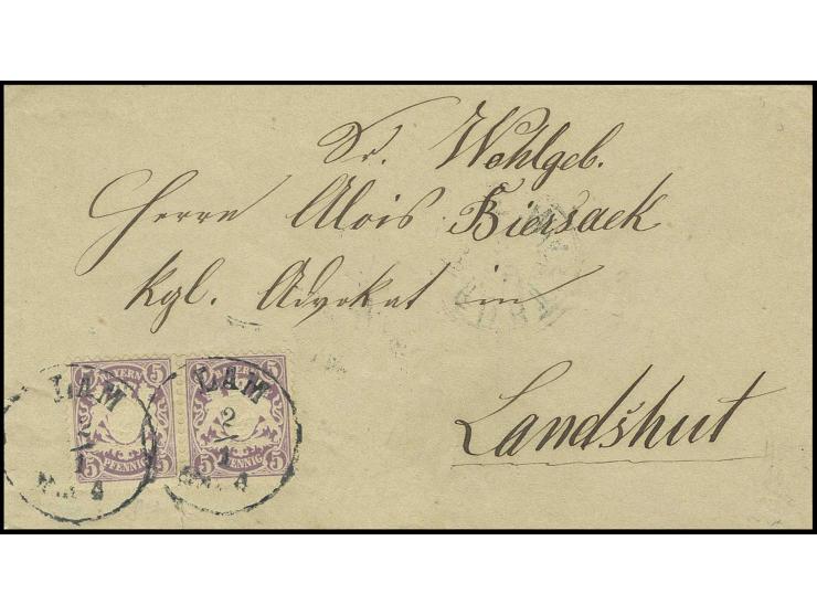 1878, 5 Pfg. lila im waagerechten Paar auf Brief (kleiner Einriß) von "LAM 2/1" nach Landshut mit Transitstempel von Furth i.