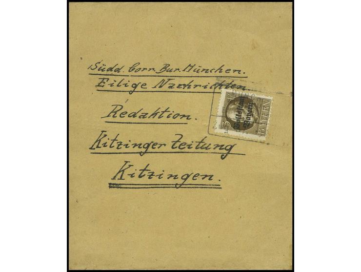 1919, "Volksstaat" 3 Pfg. mit Bahnpoststempel "MÜNCHEN /WÜRZBURG ZUG 37/19.9.19" als seltene Einzelfrankatur auf von der Reic