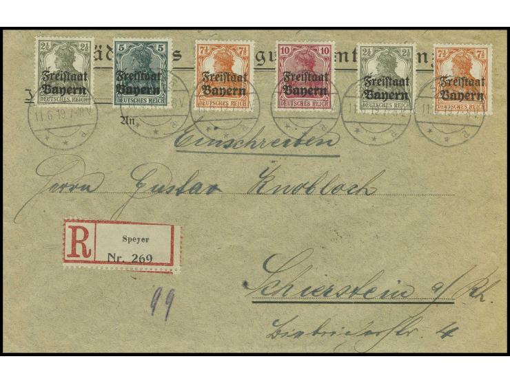 1919, "Freistaat" 2 1/2 (2), 5, 7 1/2 (2) und 10 Pfg. zusammen auf portogerechtem R-Brief von "SPEYER 11.6.19" nach Schierste