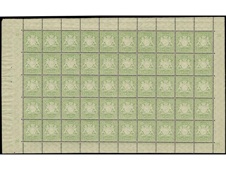 1900, Wappen auf orangeweißem Papier: 5 M. im kpl. Bogen von 50 Stück, postfrisch, im Rand bügig und an einigen Stellen leich