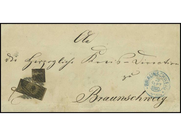 1/4 und 2/4 Ggr. graubraun mit Nr. "9" als seltenes 3fach-Ortsporto auf Falthülle mit blauem DKr. "BRAUNSCHWEIG 29 SEPT 1860"
