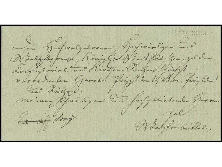"SCHOENINGEN", kleiner L1 (29:3 mm), scharf eingeprägt auf äußerst dekorativem Faltbrief mit vollem Inhalt vom 10.6.1808 nach