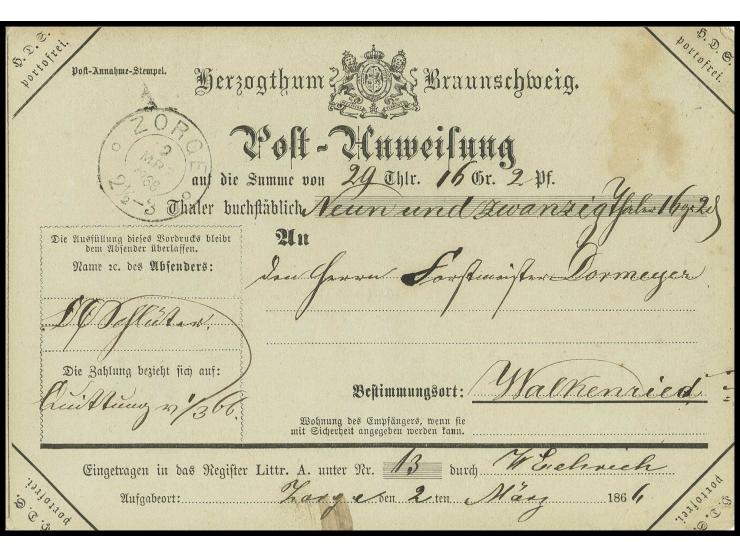 "ZORGE 2 MRZ 1866", schwarzer DKr. auf geringfügig fleckiger Dienst-Postanweisung nach Walkenried mit preußischem Durchgangs-