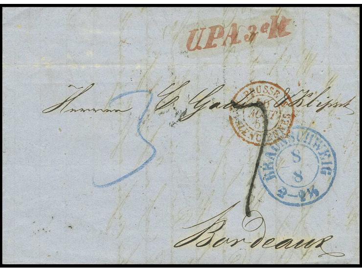 "U.P.A.3eR.", L1 in rot auf kpl. Brief mit hellblauem DKr. "BRAUNSCHWEIG 8/8" (1853) nach Bordeaux mit diversen Transit- und 