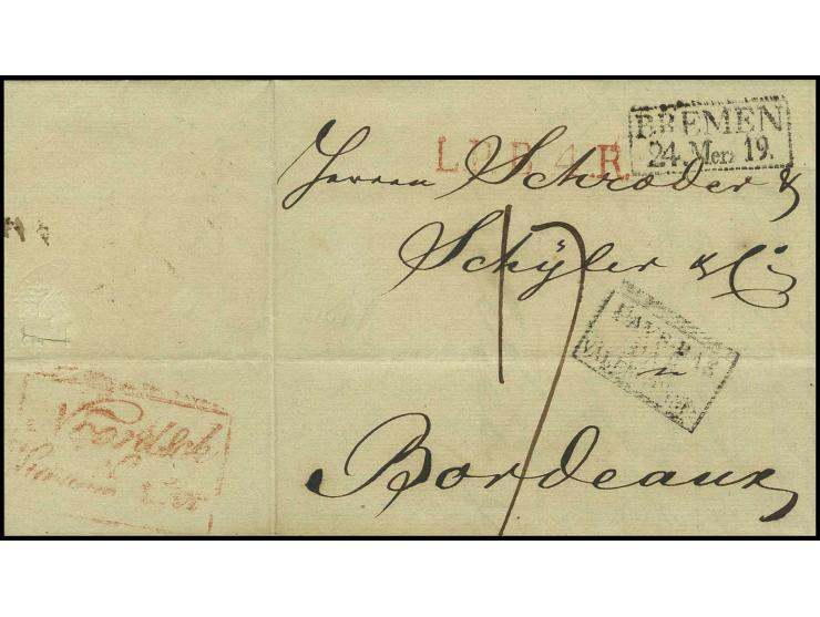 1819, "BREMEN/24. Merz 19." auf Faltbrief über Almelo nach Bordeaux mit rückseitig rotem "Noordsch Grenscontoor"