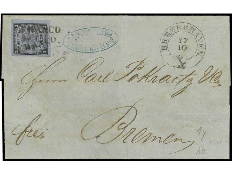 3 Gr. auf blaugrau, Type I, entwertet mit zwei klaren Abschlägen des "FRANCO"-L1 mit nebengesetztem Schlüsselstempel "BREMERH