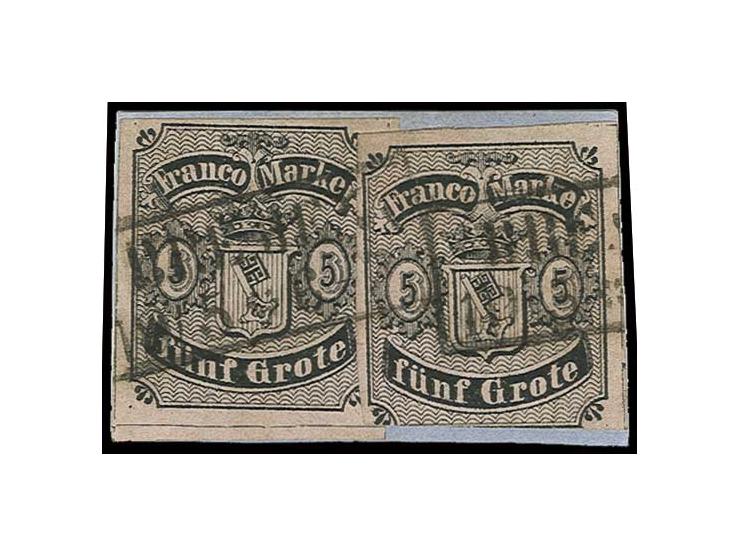 1856, 5 Gr. auf karmingrau, zwei Werte, davon einer unten teils berührt, der andere voll- bis meist breitrandig, sauber geste