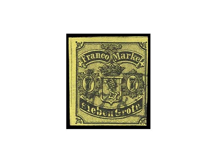 1860, 7 Gr. auf rötlichgelb, voll- bis überrandig, zart gestempelt, Pracht, sign. Pfenninger (Mi. 900,-) (ex Sammlung Gubito)