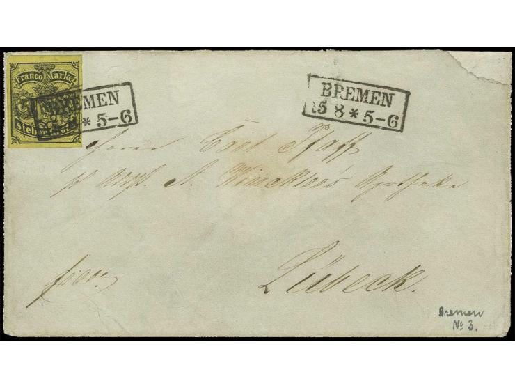7 Gr. auf rötlichgelb, voll- bis breitrandig (rechts kurzer Flachriß außerhalb des Markenbildes), mit Ra2 "BREMEN" auf Umschl