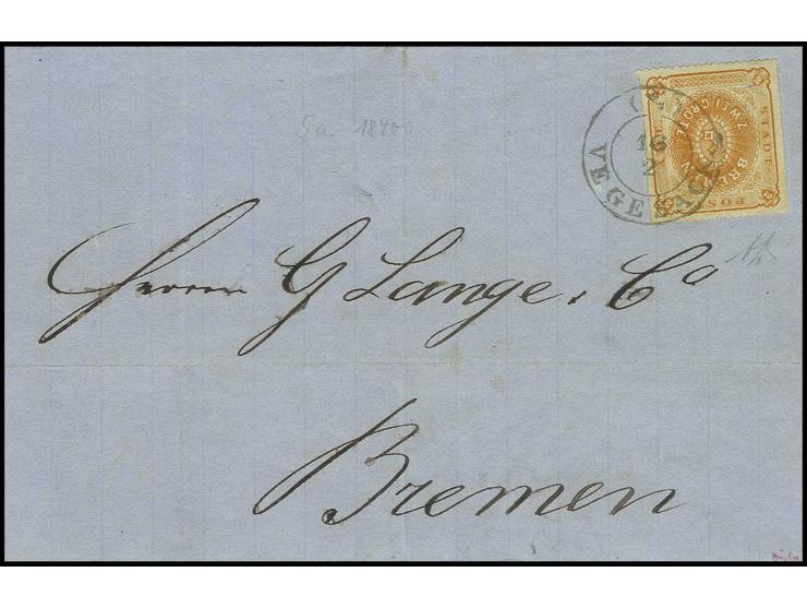 1863, durchstochen: 2 Gr. gelborange, bis auf schwachen Eckbug in der linken oberen Ecke in tadelloser Erhaltung, entwertet m