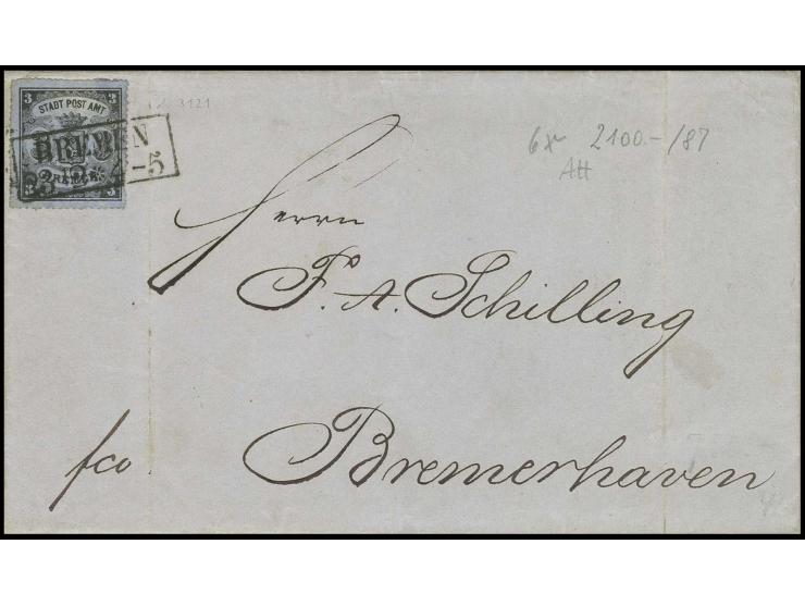 1864, 3 Gr. auf blaugrau, links oben leicht gerundet und rechts kleiner Durchstichfehler mit Ra2 "BREMEN" auf Falthülle nach 