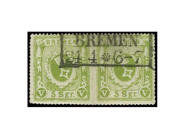 5 Sgr. gelbgrün im farbfrischen waagerechten Paar mit Ra2 "BREMEN", Kabinett (Mi. 1.400,-) (ex Sammlung Gubito)