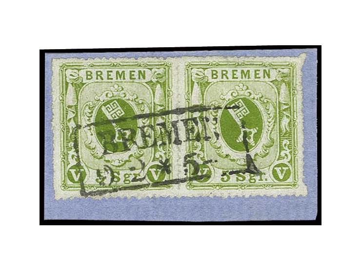 5 Sgr. grün im farbfrischen waagerechten Paar mit Ra2 "BREMEN" auf Briefstück, Kabinett (Mi. 1.500,-) (ex Sammlung Gubito)