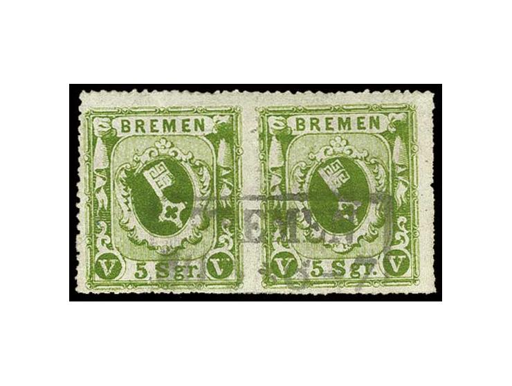 5 Sgr. dunkelgelblichgrün auf gestrichenem Papier mit Ra2 "BREMEN", rückseitig etwas geschürft, Fotoattest Nussbaum (Mi. 2.00
