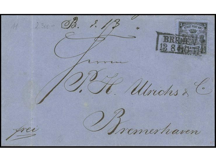 1866/67, gezähnt: 3 Gr. auf blaugrau, tadellos gezähnt mit Ra2 "BREMEN" auf Falthülle nach Bremerhaven, schwache durchgehende
