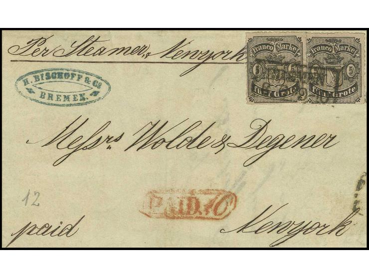 5 Gr. auf karmingrau, zwei Werte, leicht übereinandergeklebt als Mehrfachfrankatur mit Ra2 "BREMEN/6 6" (1867) per Dampfer 'N