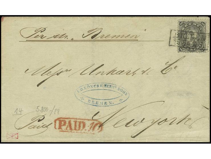 10 Gr. schwarz, tadellos gezähnt mit Ra2 "BREMEN/25 52 (1867) auf Falthülle per Dampfer 'Bremen' nach New York mit rotem Ra. 