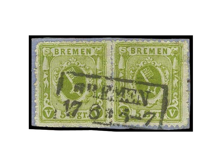 5 Sgr. schwarzgrüngelb, zwei Werte als Paar verklebt mit Ra2 "BREMEN" auf kleinem Briefstück, Pracht, Fotoattest Engel BPP (M