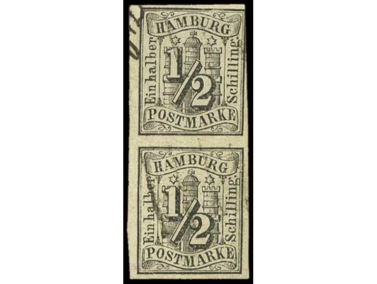 1859, 1/2 Sch. schwarz im senkrechten Paar, obere Marke rechts teils berührt, sonst voll- bis breitrandig und zart gestempelt