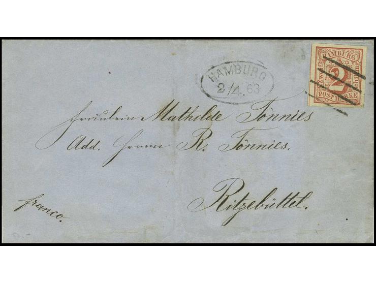 2 Sch. rot, allseits breitrandig und farbfrisch mit sauberem Strichstempel und nebengesetztem Ovalstempel "HAMBURG 2/4.63" au