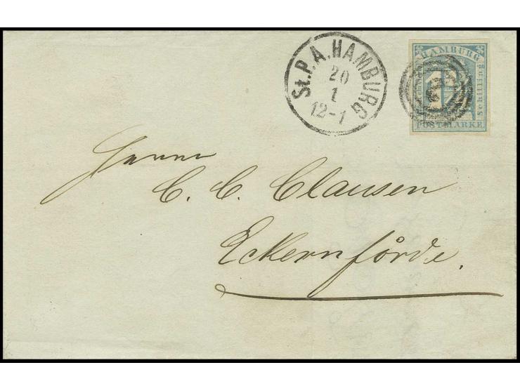 1 1/4 Sch. türkisblau, farbfrisch und allseits breitrandig, entwertet mit dänischem Ringstempel "2" (Stempelübergänge teilwei