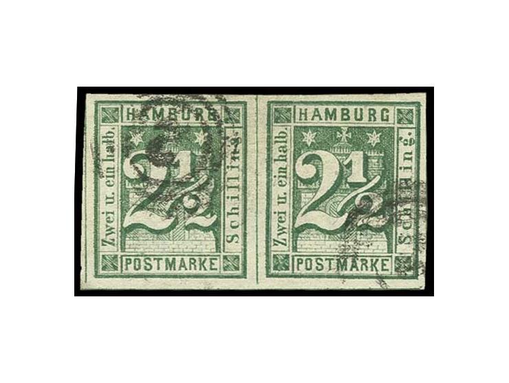2 1/2 Sch. blaugrün, farbfrisch im allseits breitrandigen waagerechten Paar mit dänischem Ringstempel "2", Kabinett, sign. Nu