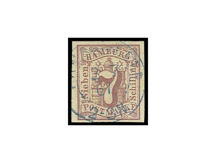 1865, 7 Sch. bräunlichlila, breitrandig ungezähnt mit zentrischem blauem DKr. "HAMBURG ST.P. 3/7 67", gestempelt, äußerst sel