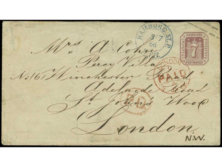 1866, Umschlag 7 Sch. lilarot mit nebengesetztem blauem DKr. "HAMBURG ST.P. 3/7 66" nach London mit vorderseitigem "LONDON PA