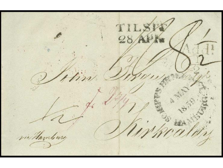 1839, "SCHIFFSBRIEF-POST HAMBURG" jeweils vorderseitig auf 2 Briefhüllen von Stockholm nach London bzw. Pernau nach Kirkcaldy
